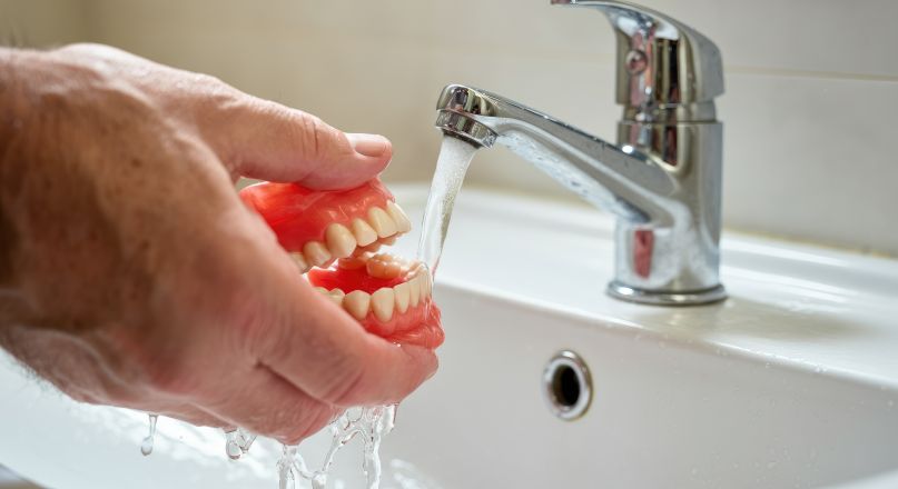 A person cleaning their dentures